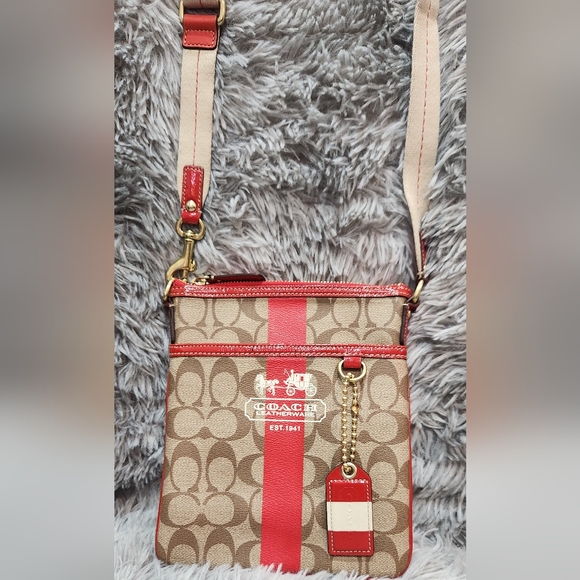 Coach Red and Tan Signature 2007 Crossbody Bag with Hang Tag & Mickey Charm - Picture 3 of 12